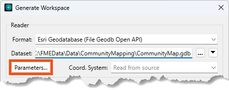 The reader Parameters button on the Generate Workspace dialog